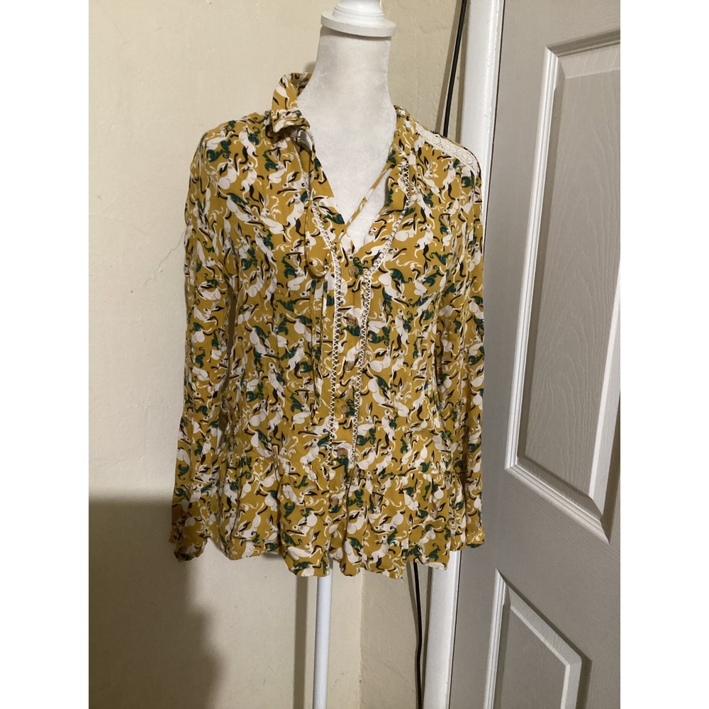 Maeve Anthropologie Rabbit Print Button Up Shirt Blouse Mustard Yellow Green 4